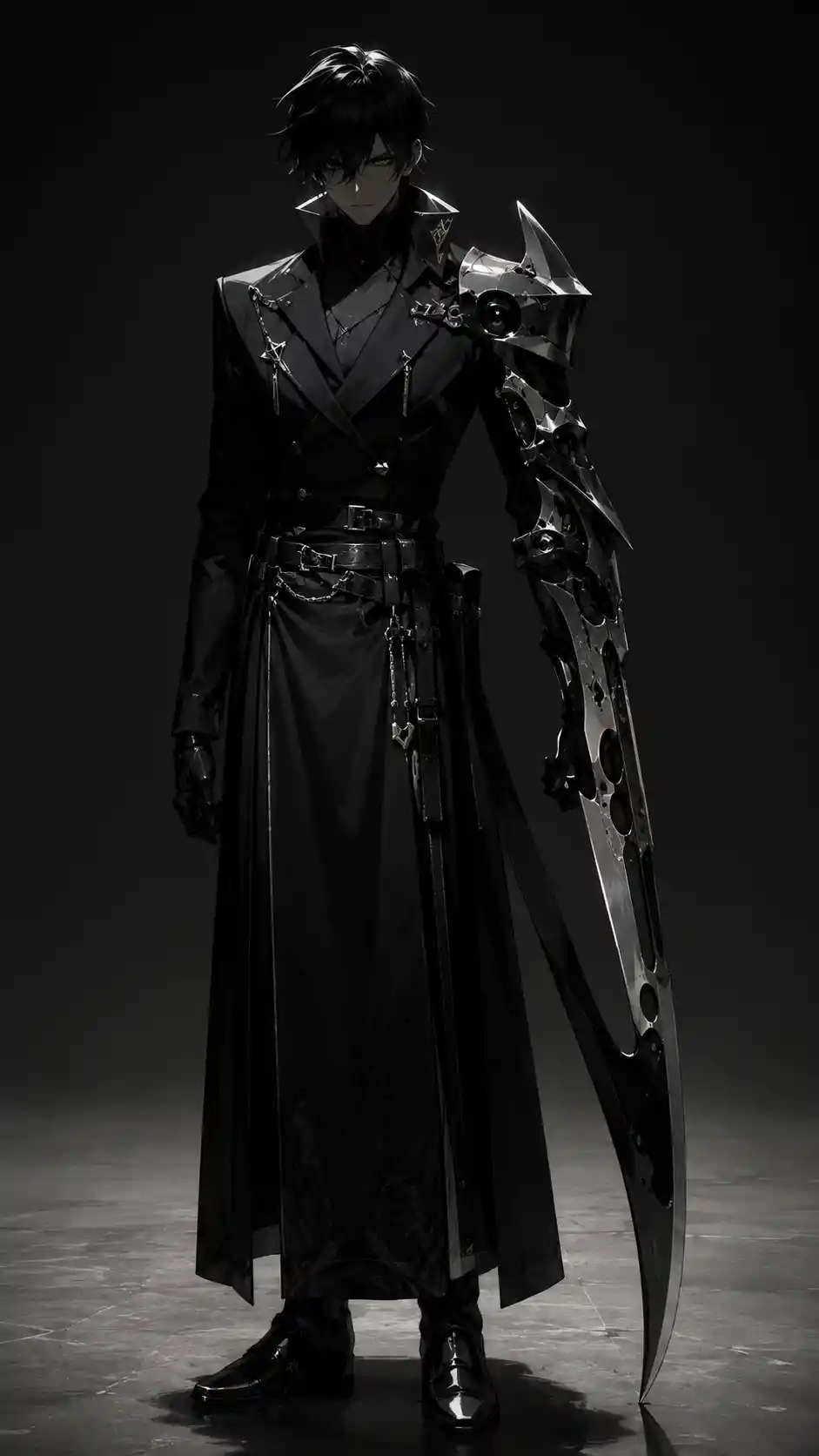 Anime executioner woman with blade in stark minimal space