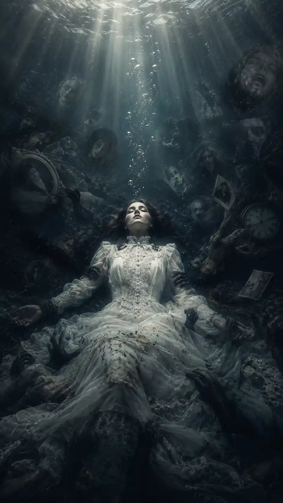 Woman in white dress lying on the ocean floor