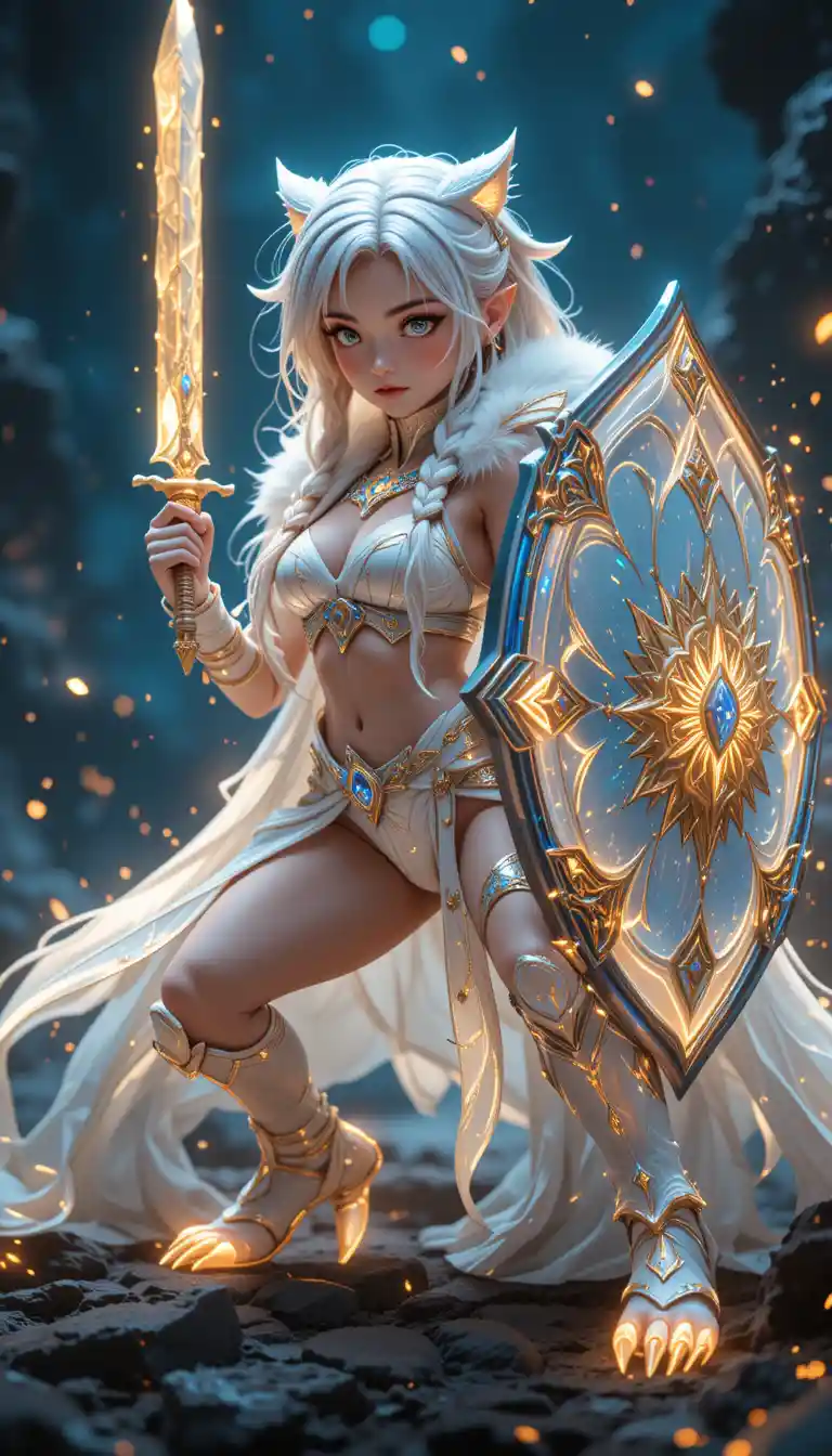 Semi chibi ice warrior woman with shield and scimitar