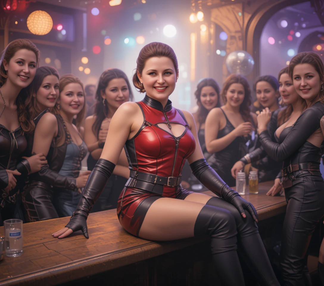 Woman in leather boots sitting on a disco bar