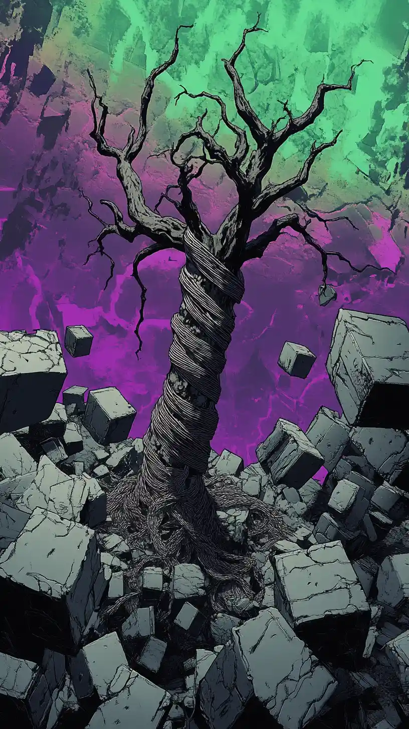 Lonely dead tree in a chaotic block world
