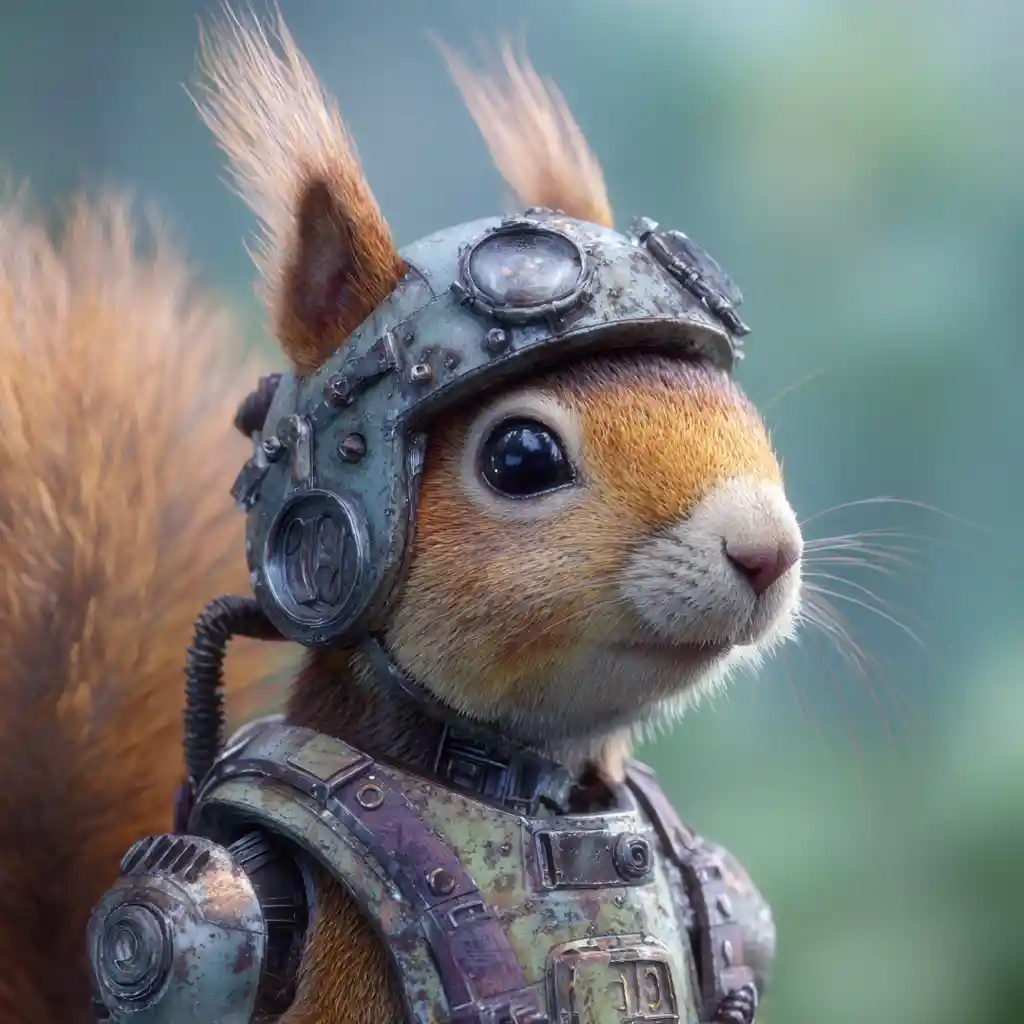 Squirrel In Futuristic Mech Suit With Soft Pastel Colors