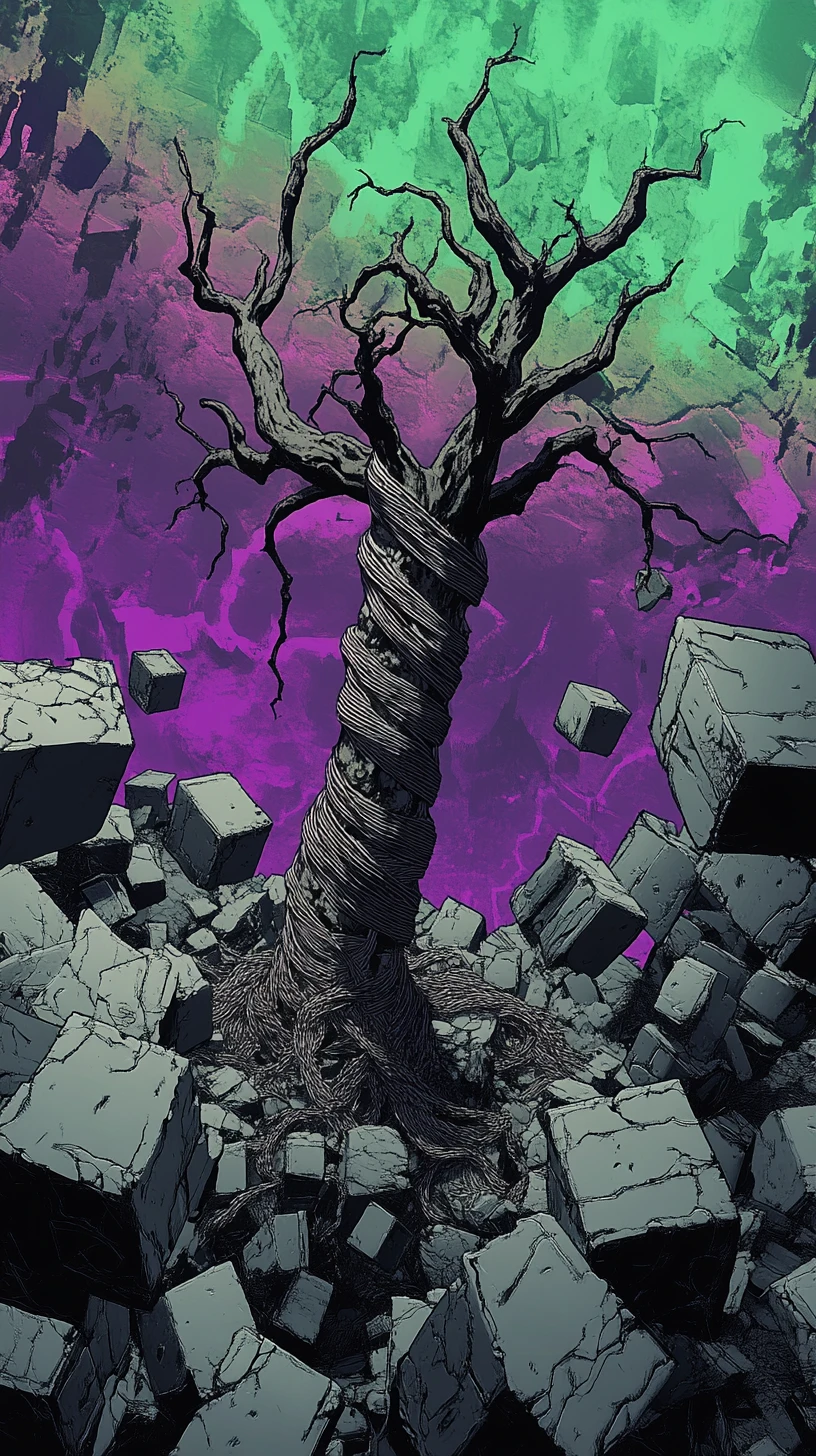 Lonely dead tree in a chaotic block world