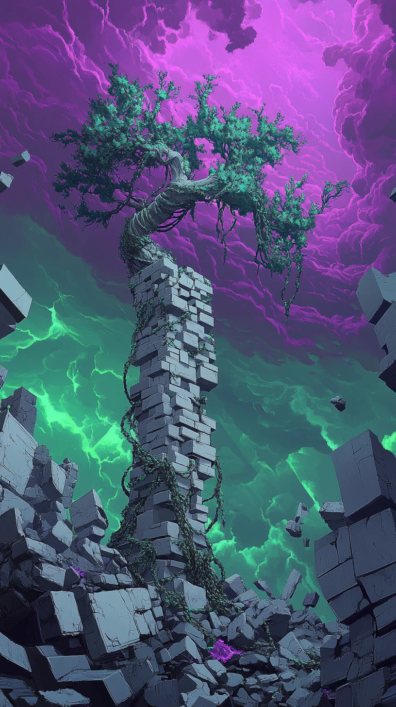 Lonely dead tree in a surreal world of gray blocks
