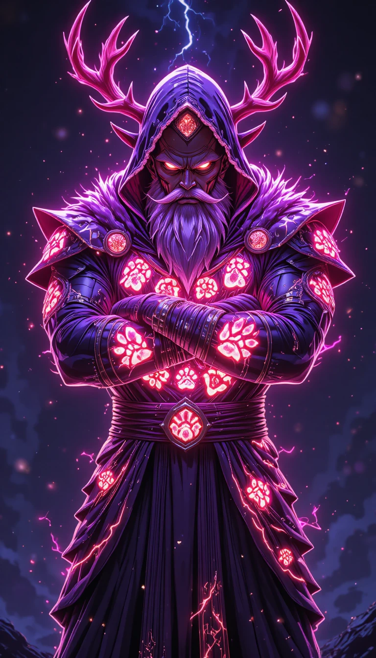 Hooded santa warrior with glowing antlers and neon aura