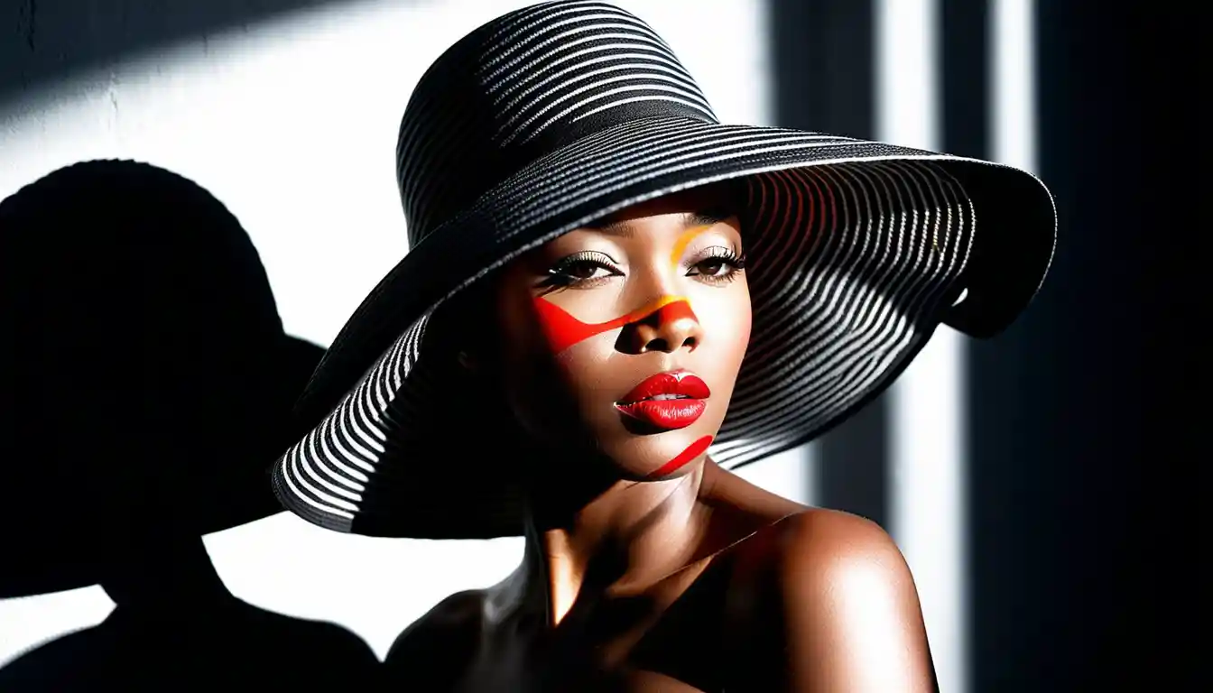Black woman in striped sun hat with vivid red lips
