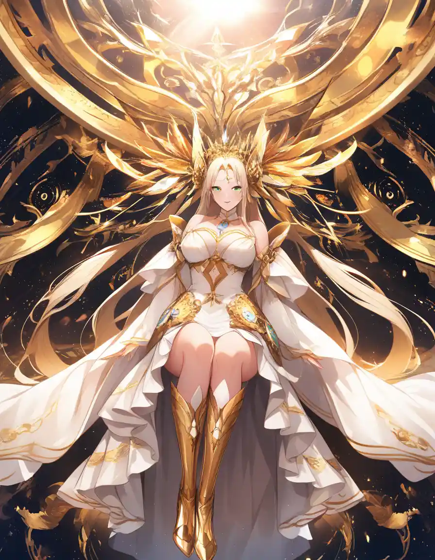 Radiant cosmic goddess seated on a golden throne