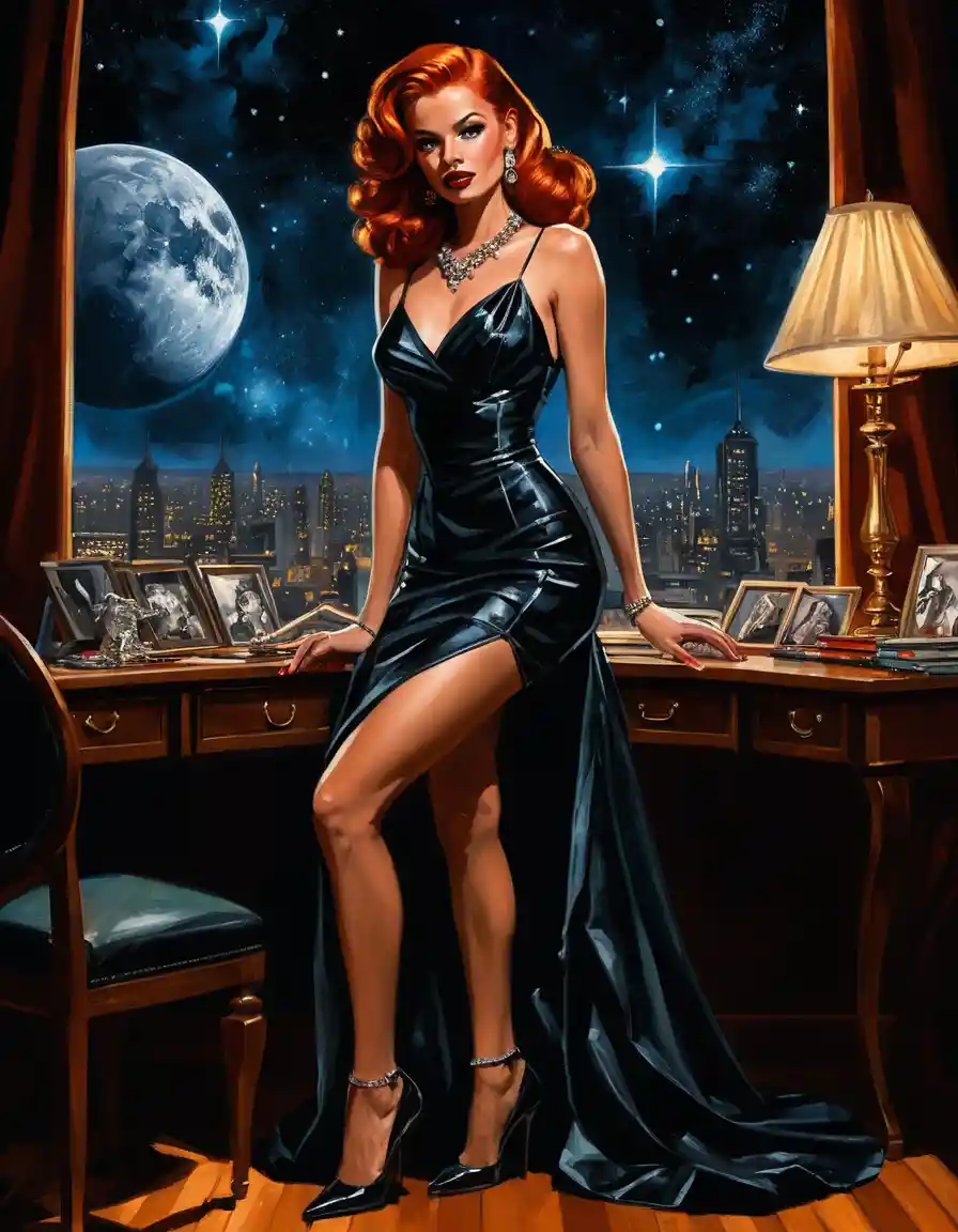 Redheaded pin up woman in celestial evening fashion