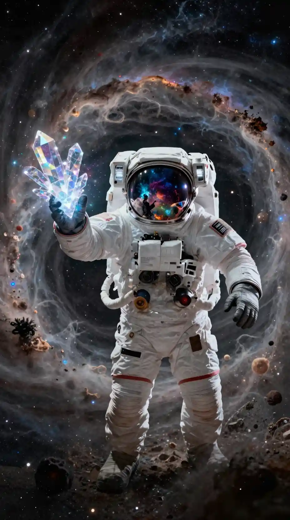 Astronaut Holding Glowing Crystal In Cosmic Vortex