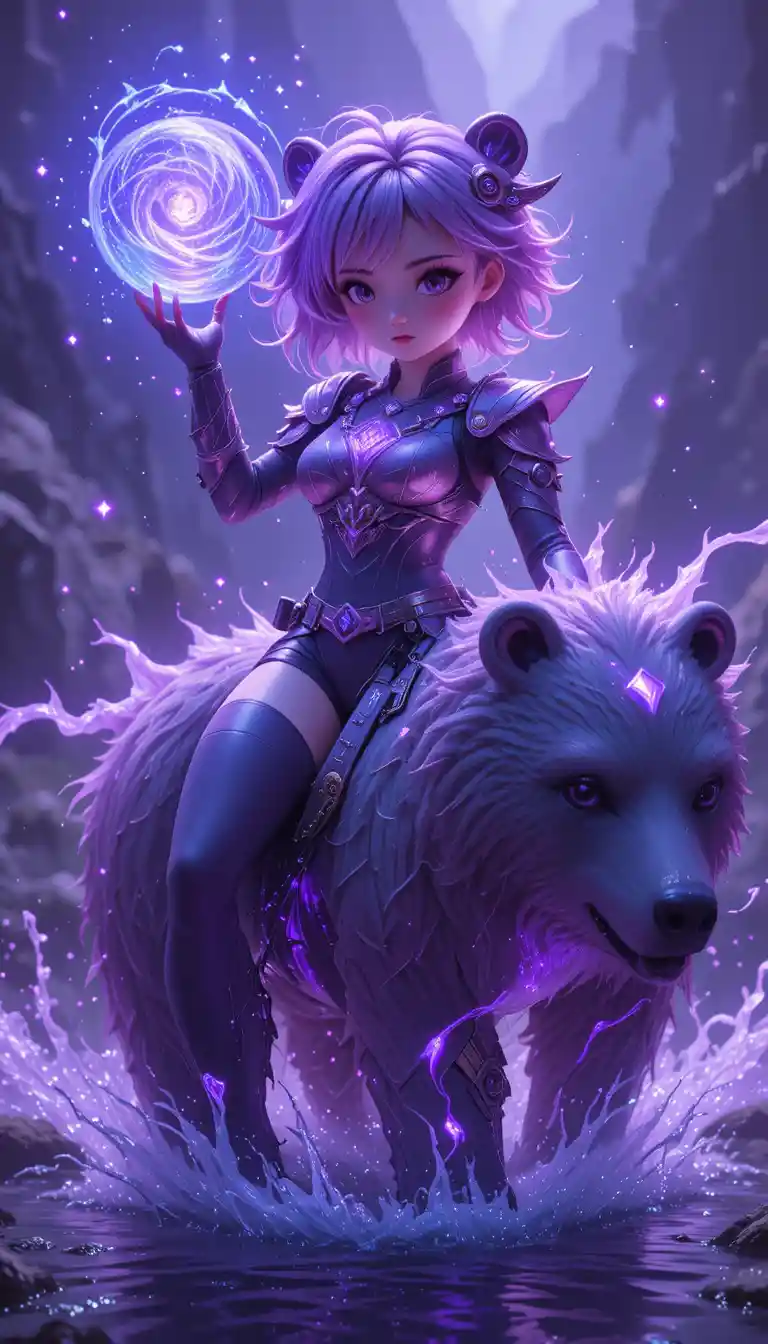 Anime warrior woman riding a glowing purple bear