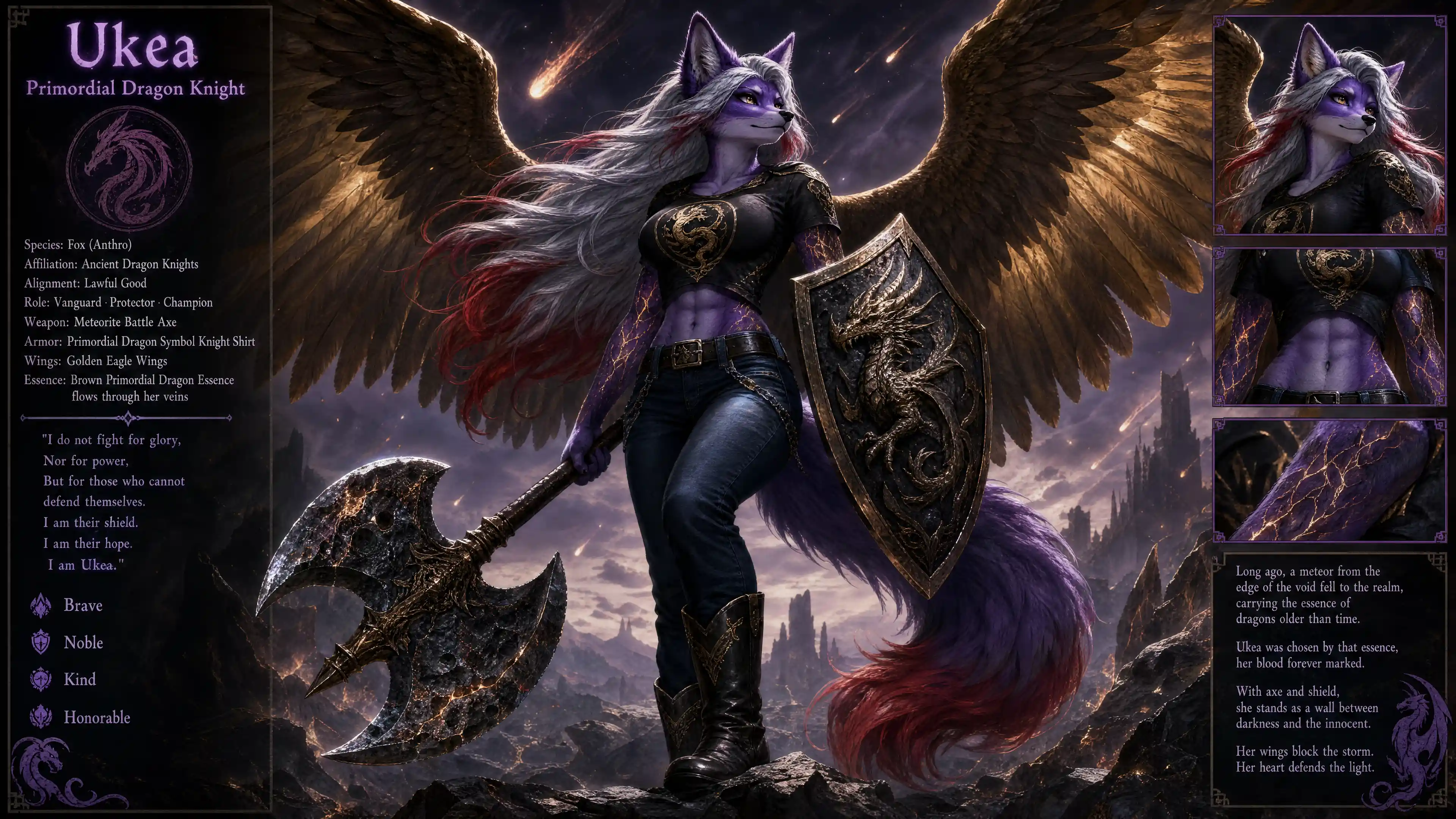Heroic purple fox woman with dragon essence and wings