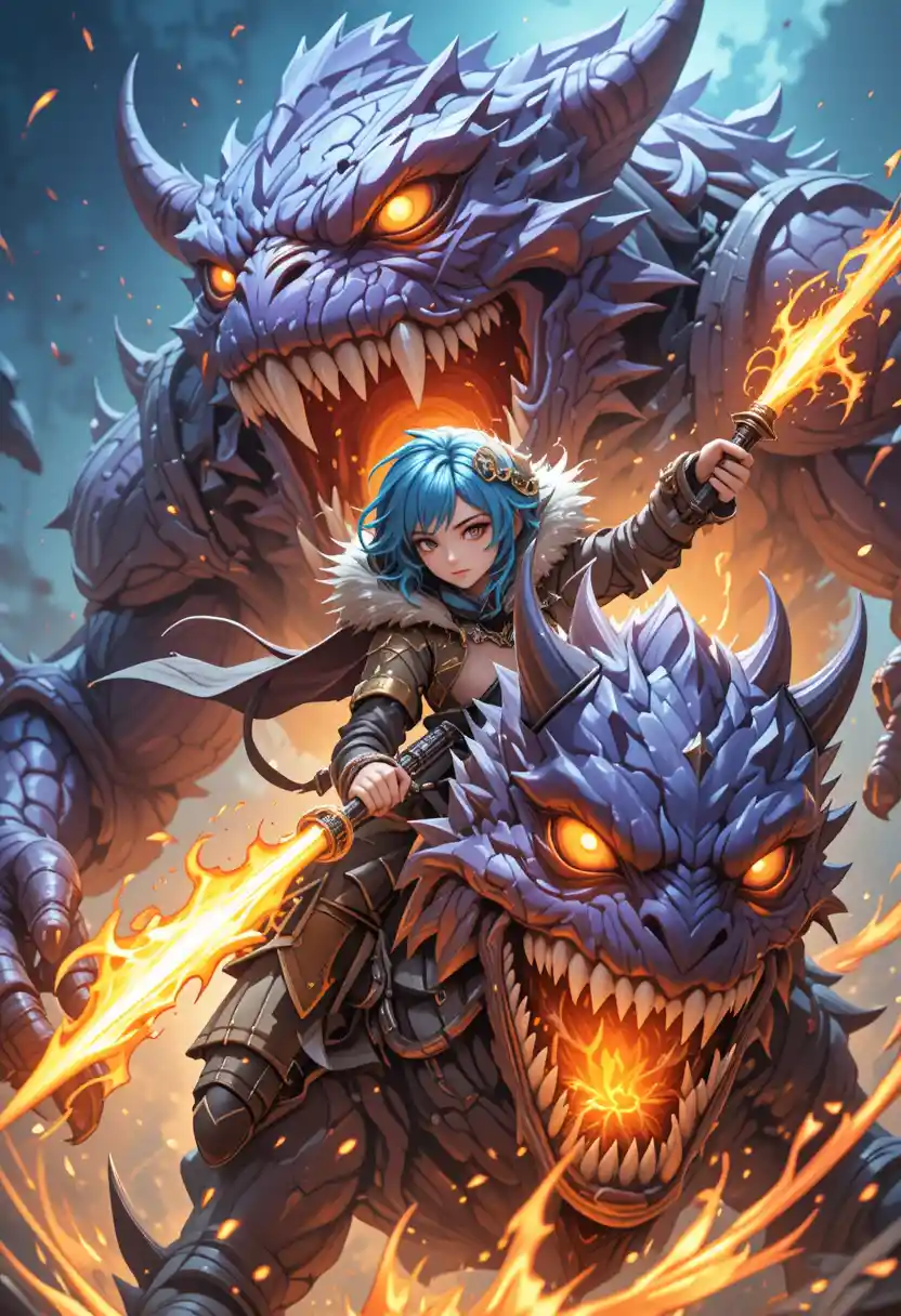 Blue haired anime girl riding a monstrous purple beast
