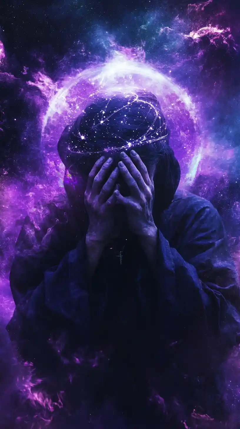 Woman reaching her hands toward glowing constellations