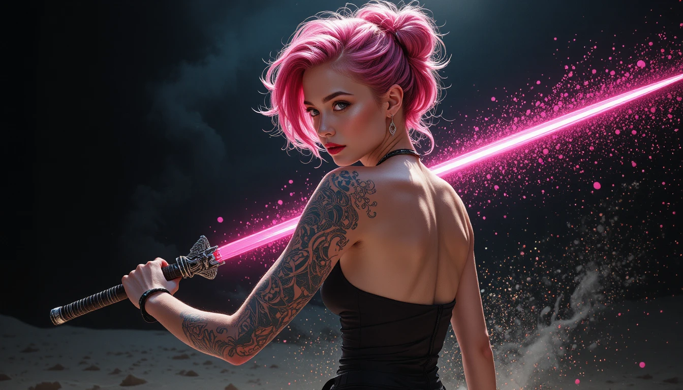 Pink haired warrior woman kneeling with glowing spear