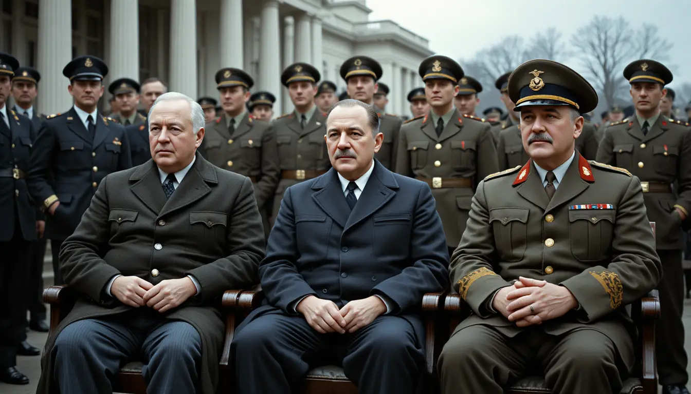 Historic portrait of three world leaders seated outdoors