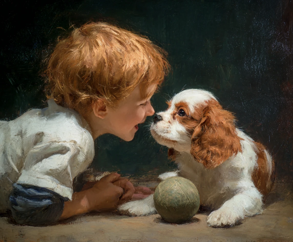 Joyful cavalier king charles spaniels playing with a young boy