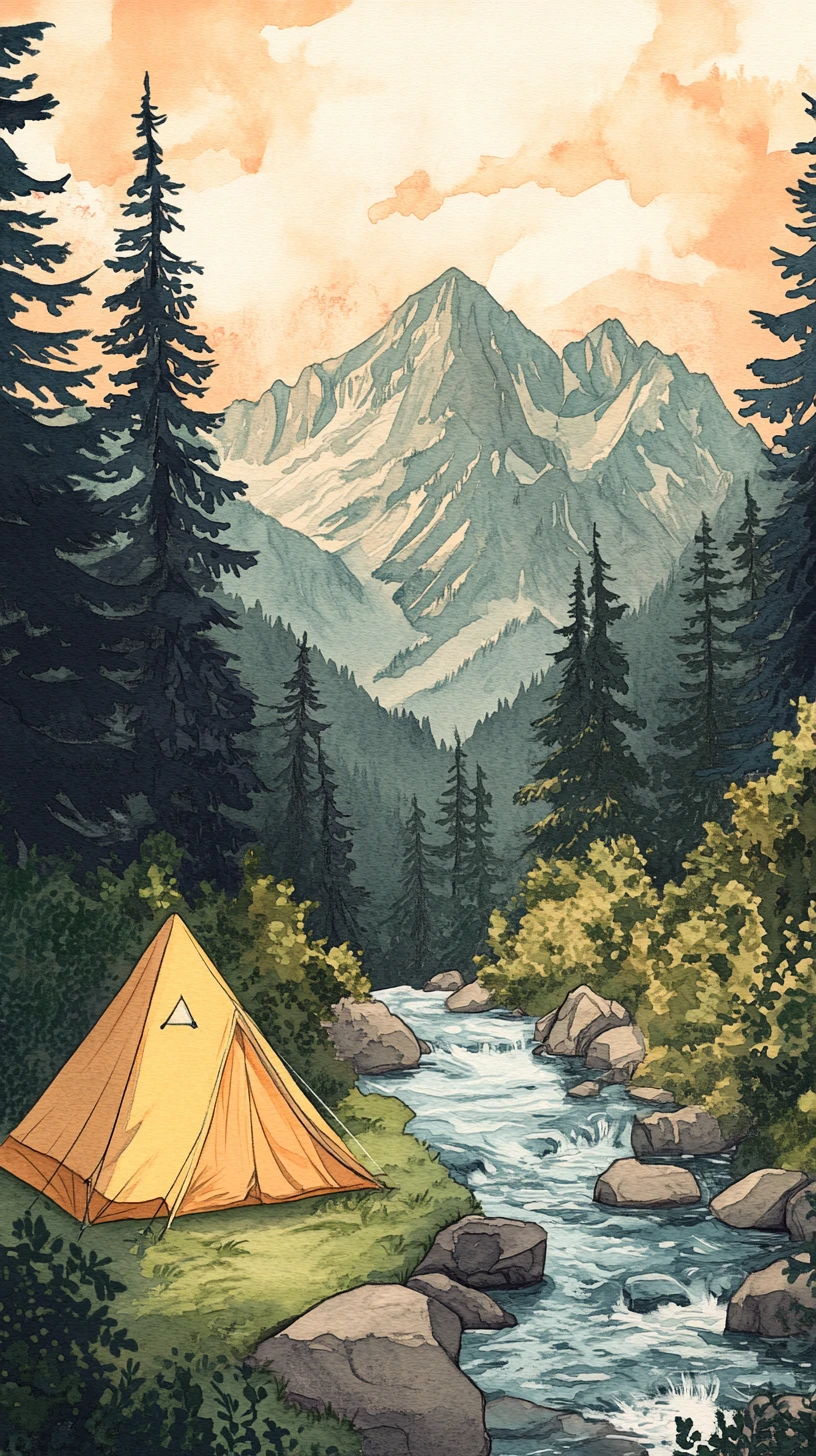 Golden tent beside mountain stream at peaceful sunrise