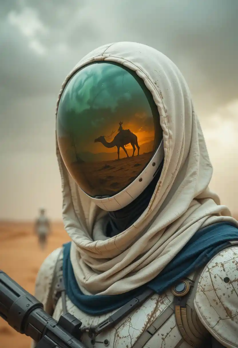 Close up of hooded green android in dusty desert light