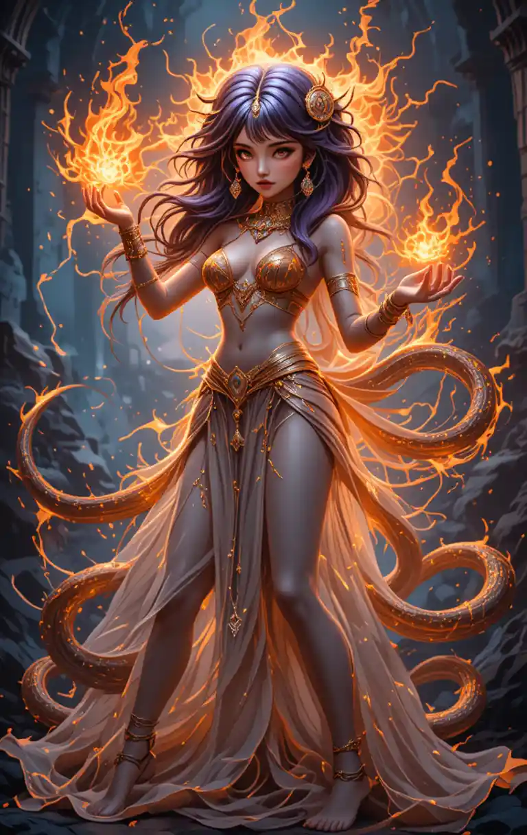 Dark elemental warrior woman casting fire in pyramid ruins