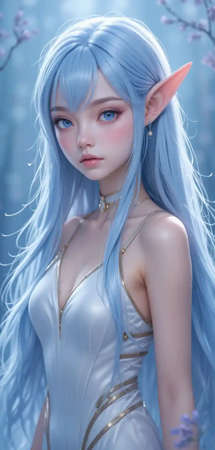 Elegant blue haired elf girl in full body fantasy portrait