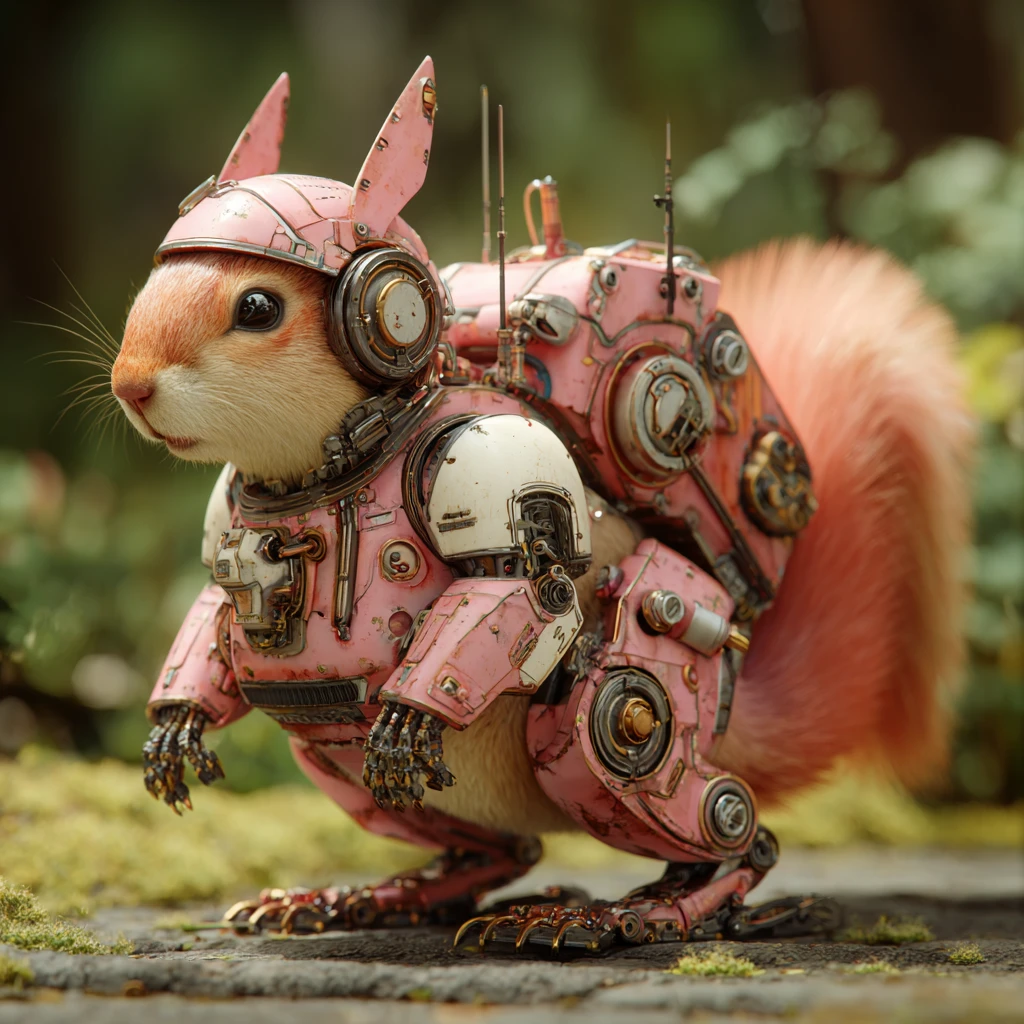 Ardilla con armadura mecha futurista en suaves colores pasteles