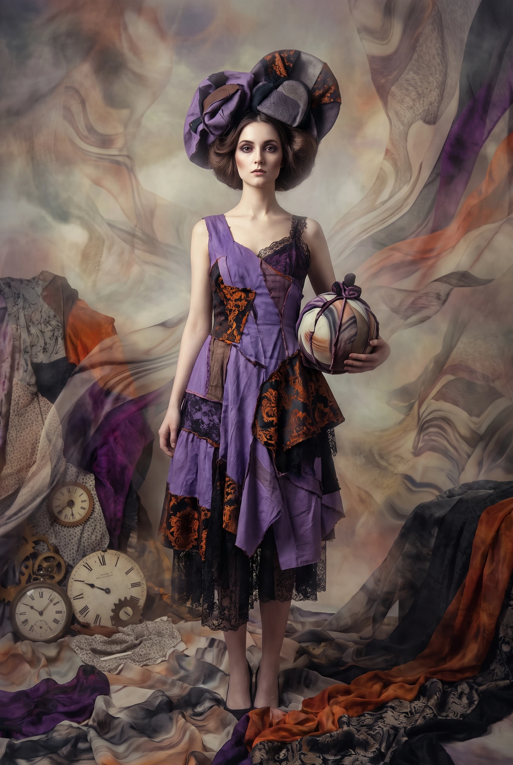 Elegant woman in violet dress in a swirling dreamscape