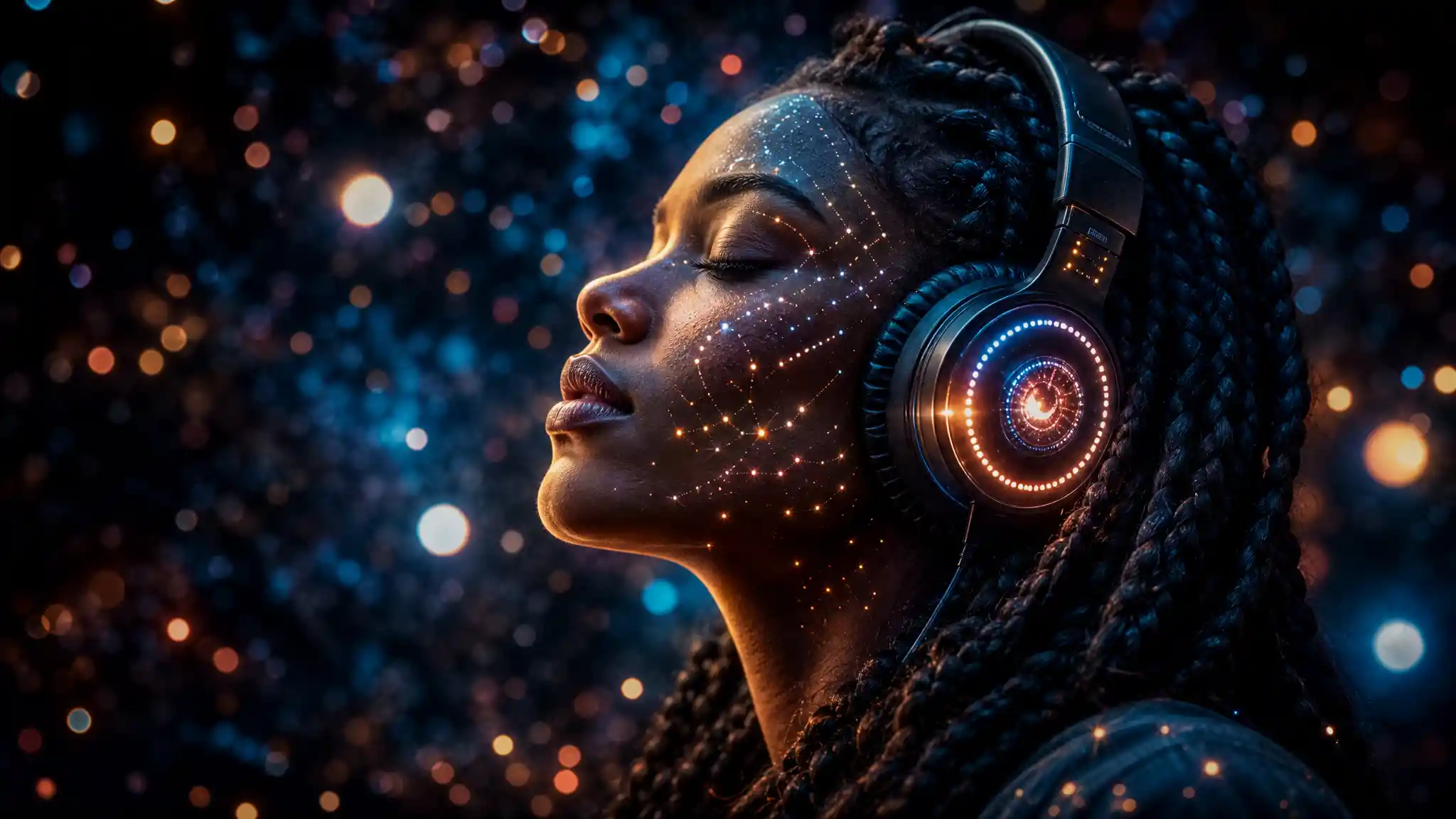 Serene woman with glowing headphones in cosmic bokeh lights