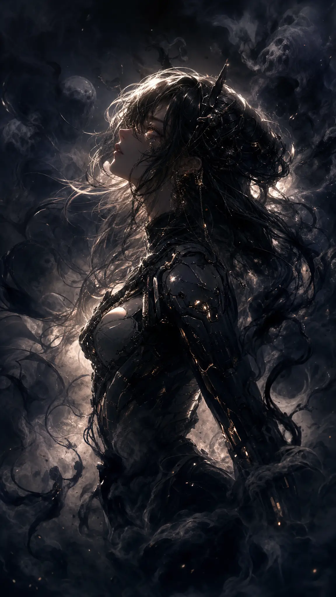 Dark maiden in cyber armor amid writhing soul mist