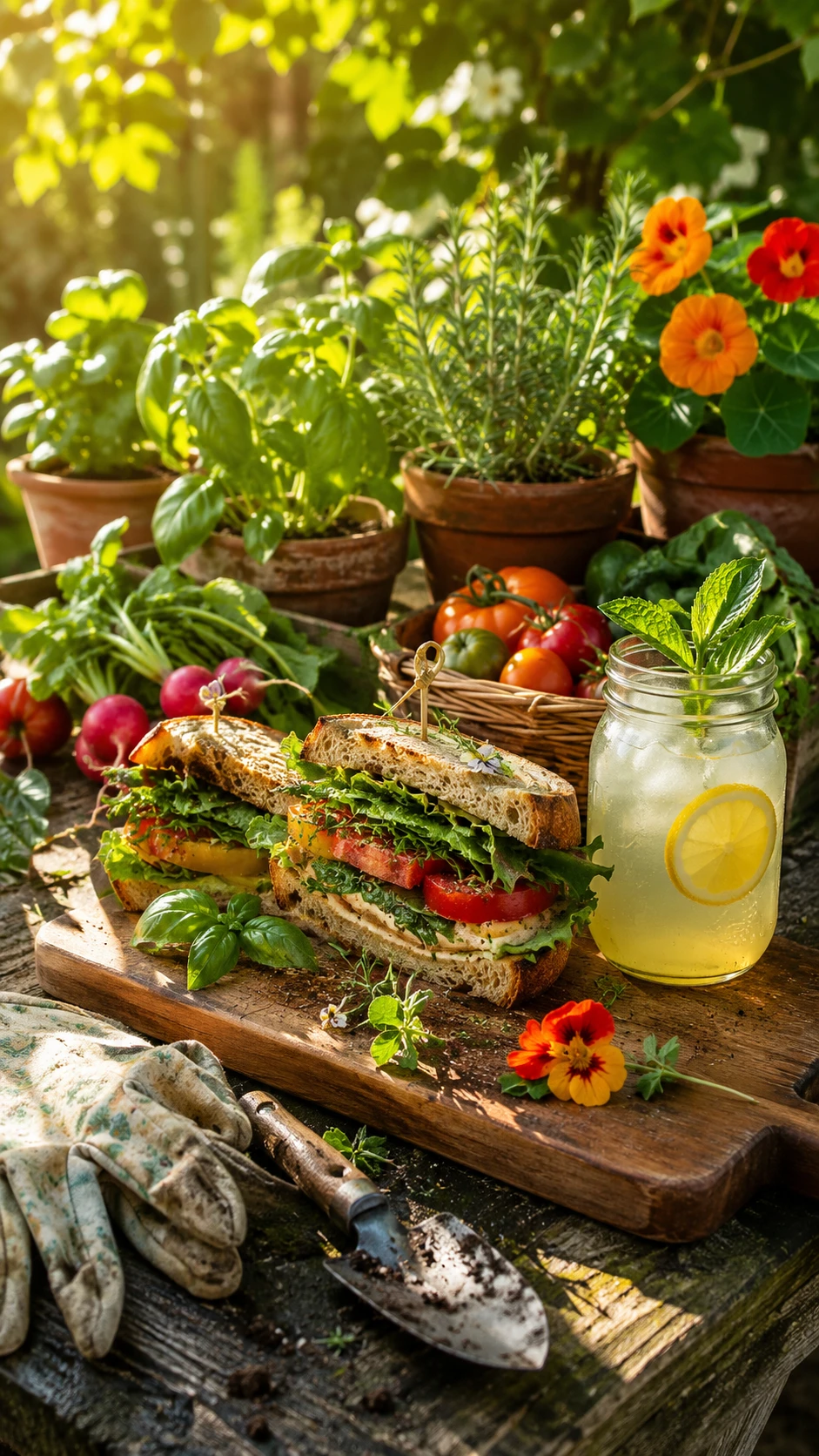 Almuerzo fresco en el jardín con sándwiches y limonada