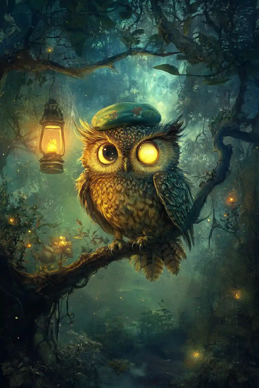 Whimsical owl in a nightcap walking through fantasy forest
