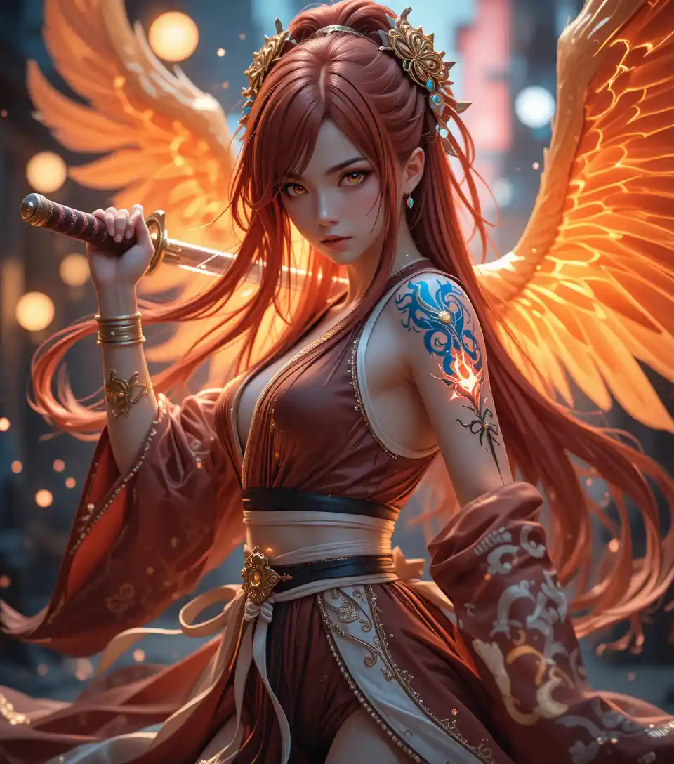 Anime warrior woman with glowing katana battle stance