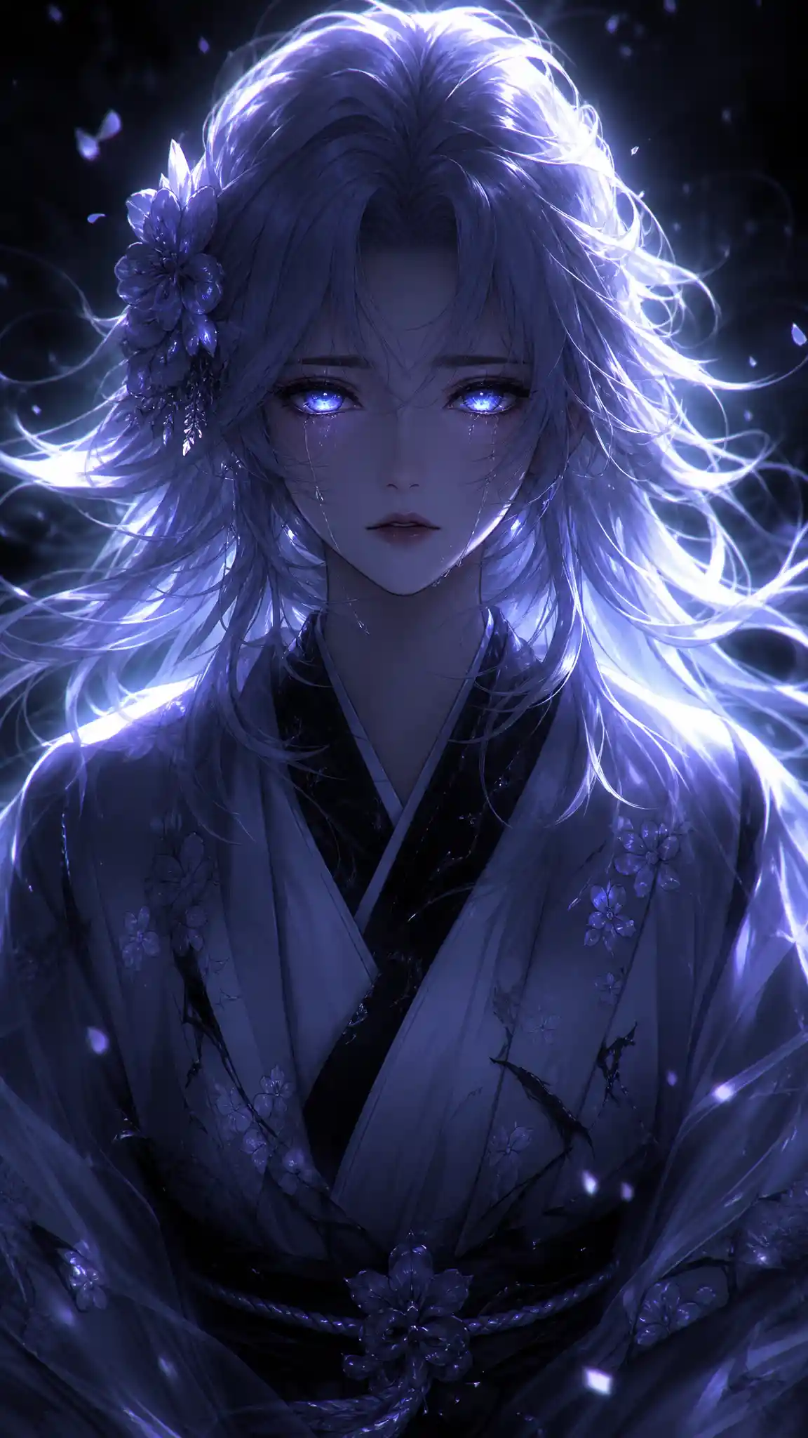 3D anime girl with glowing eyes in sorrowful darkness