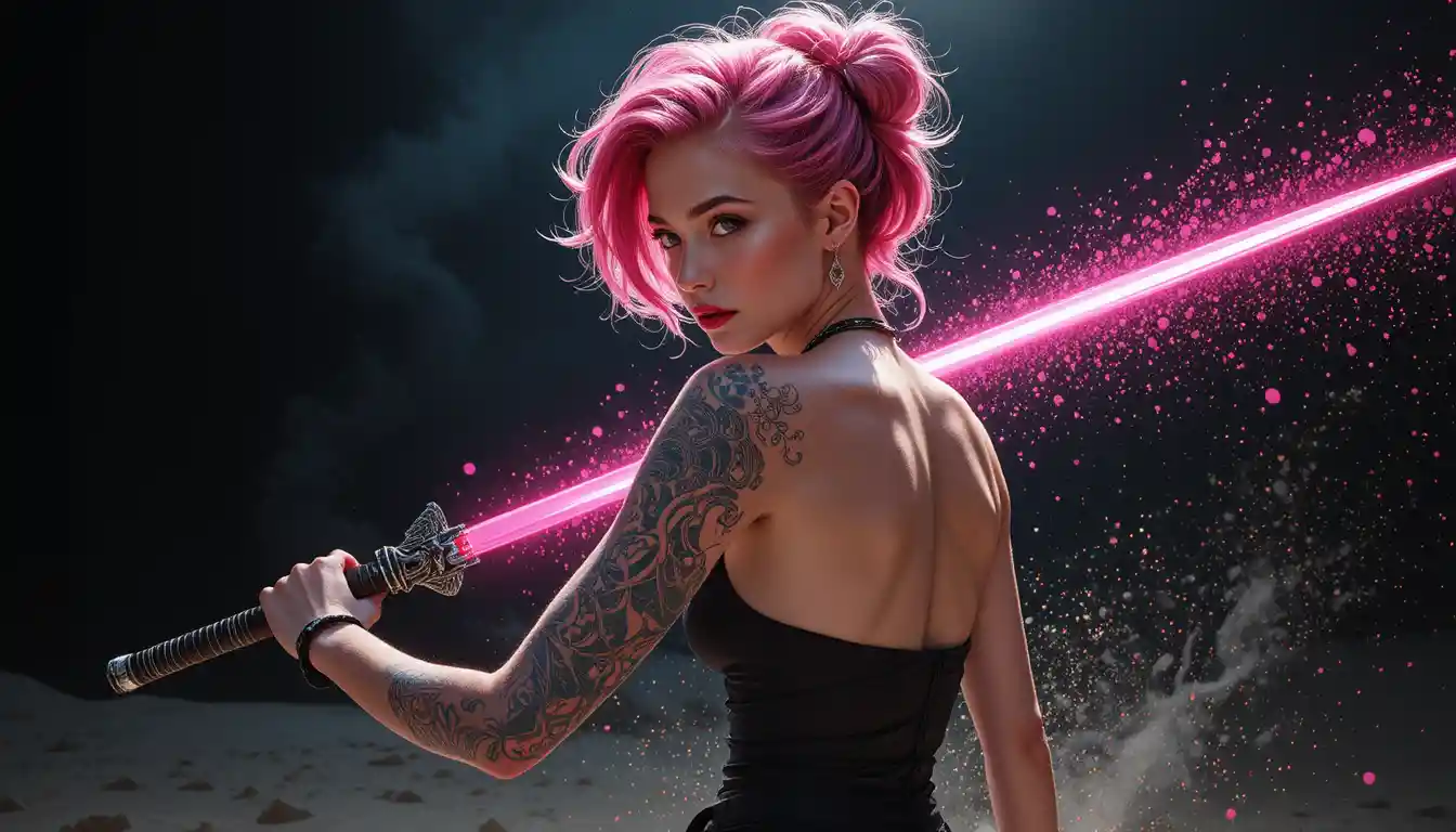 Pink haired warrior woman kneeling with glowing spear