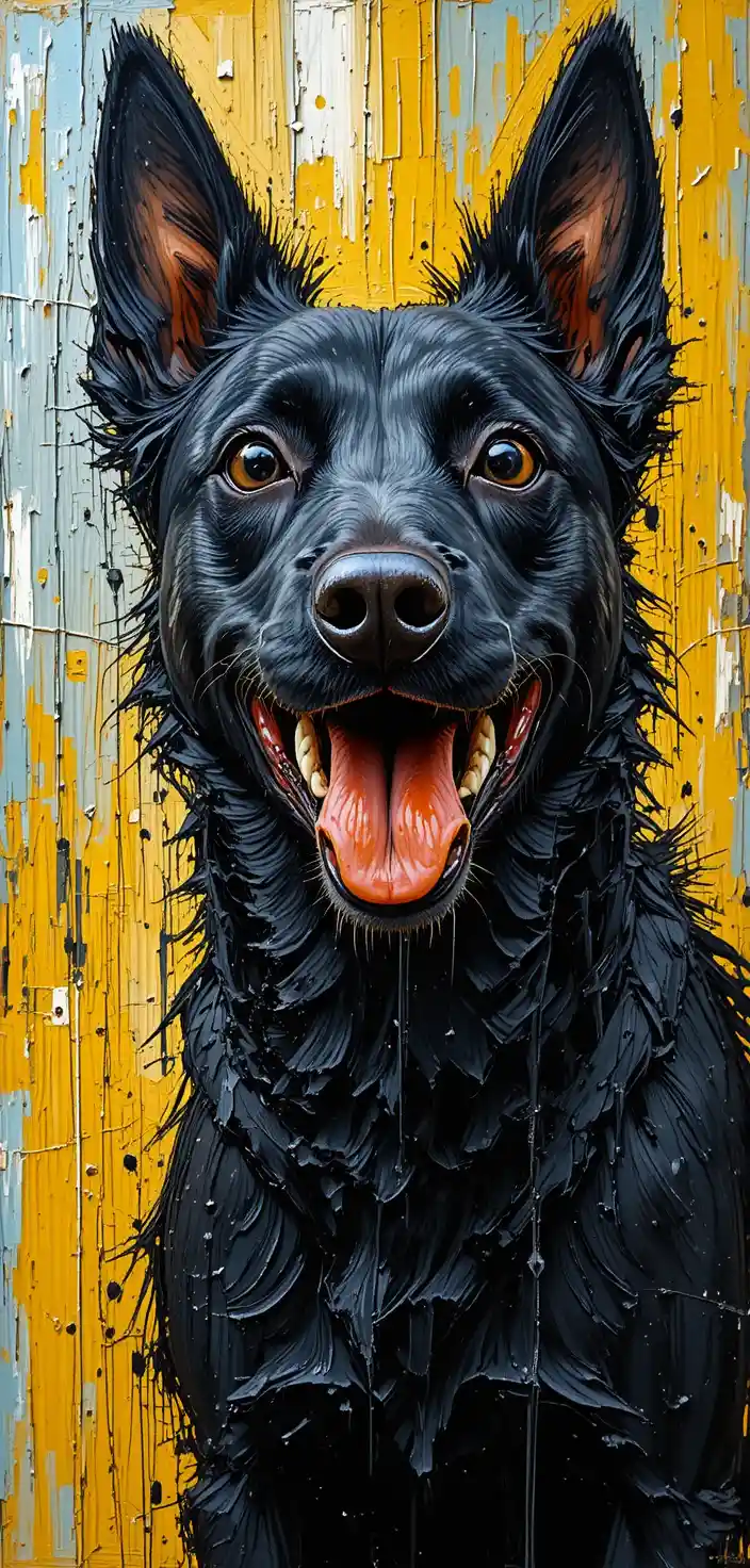Abstract close up of a black dog with orange tongue