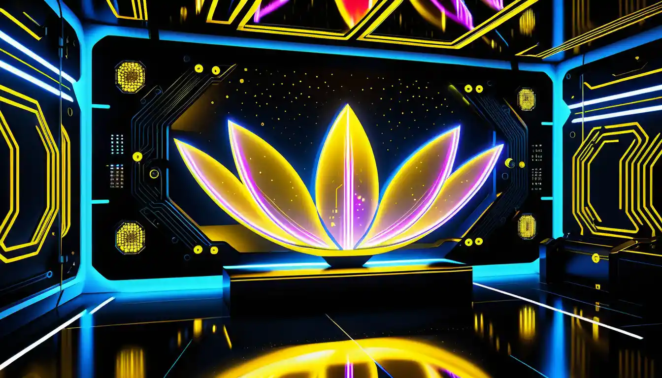 Futuristic circuit board glowing in yellow cosmic space