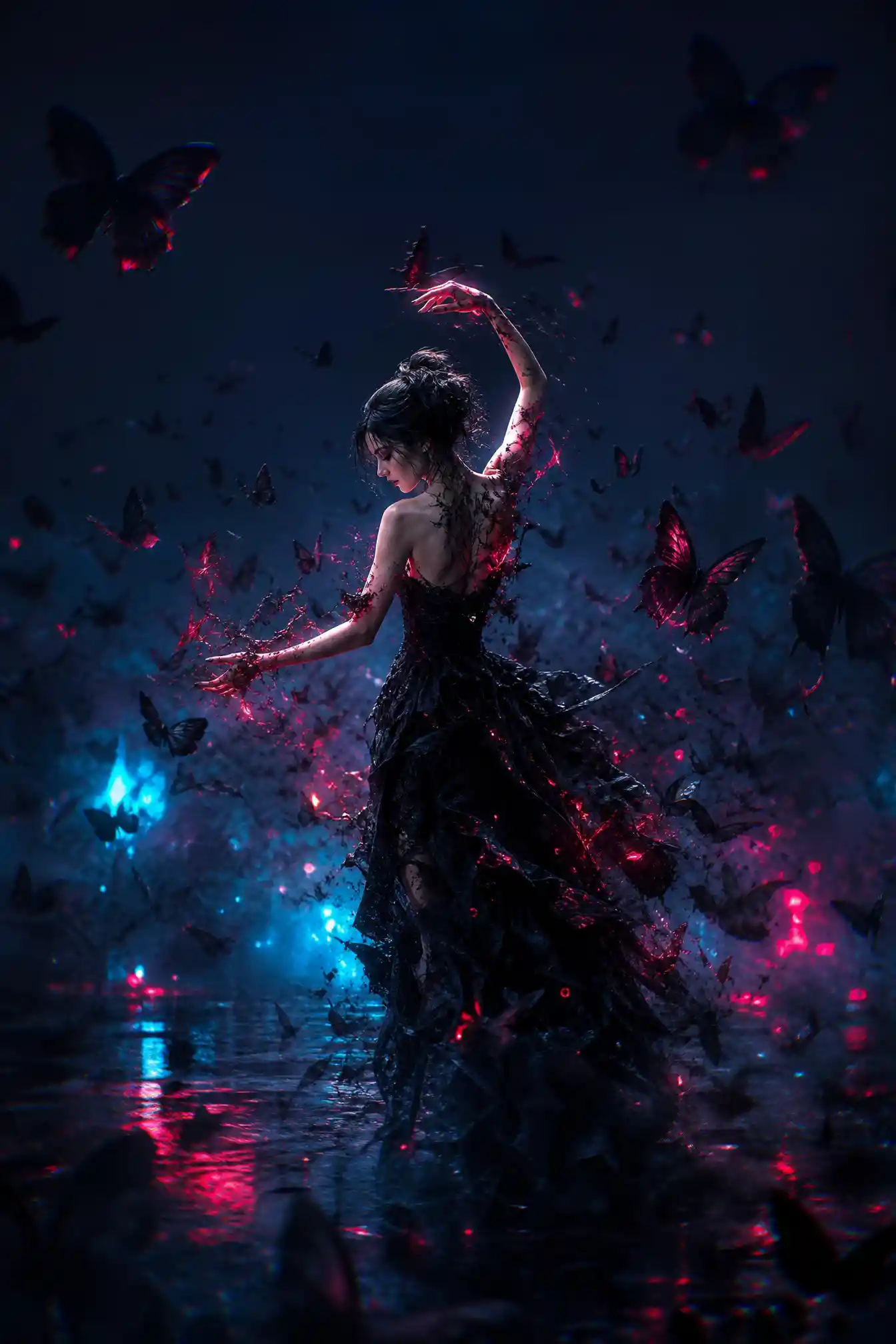 Elegant woman dancing among dark neon butterflies