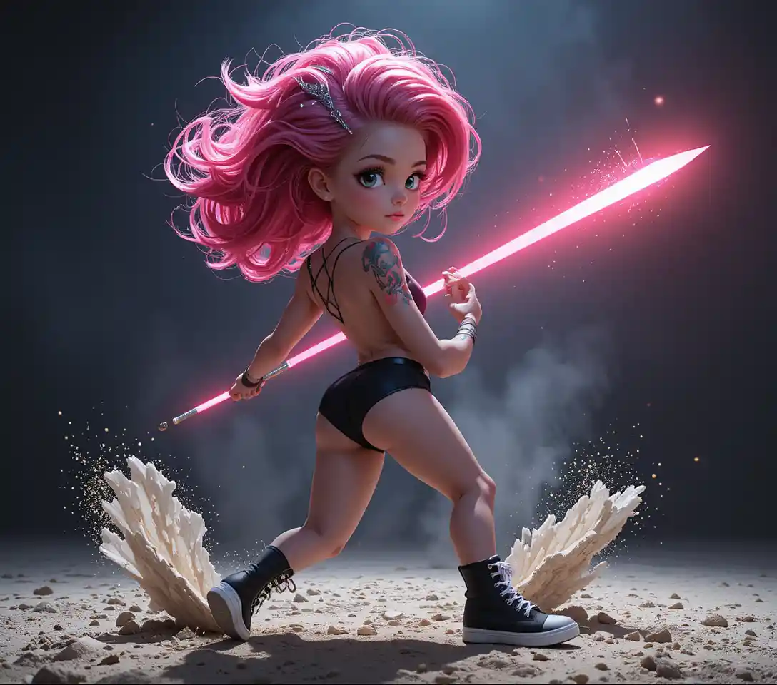 Pink haired warrior woman crouching with glowing spear
