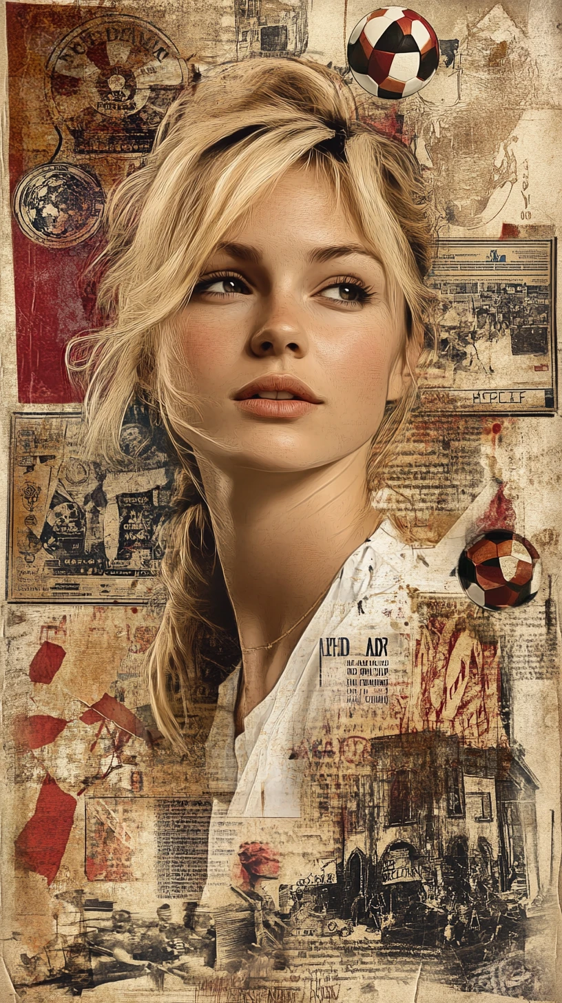 Vintage style blonde woman with World Cup soccer items