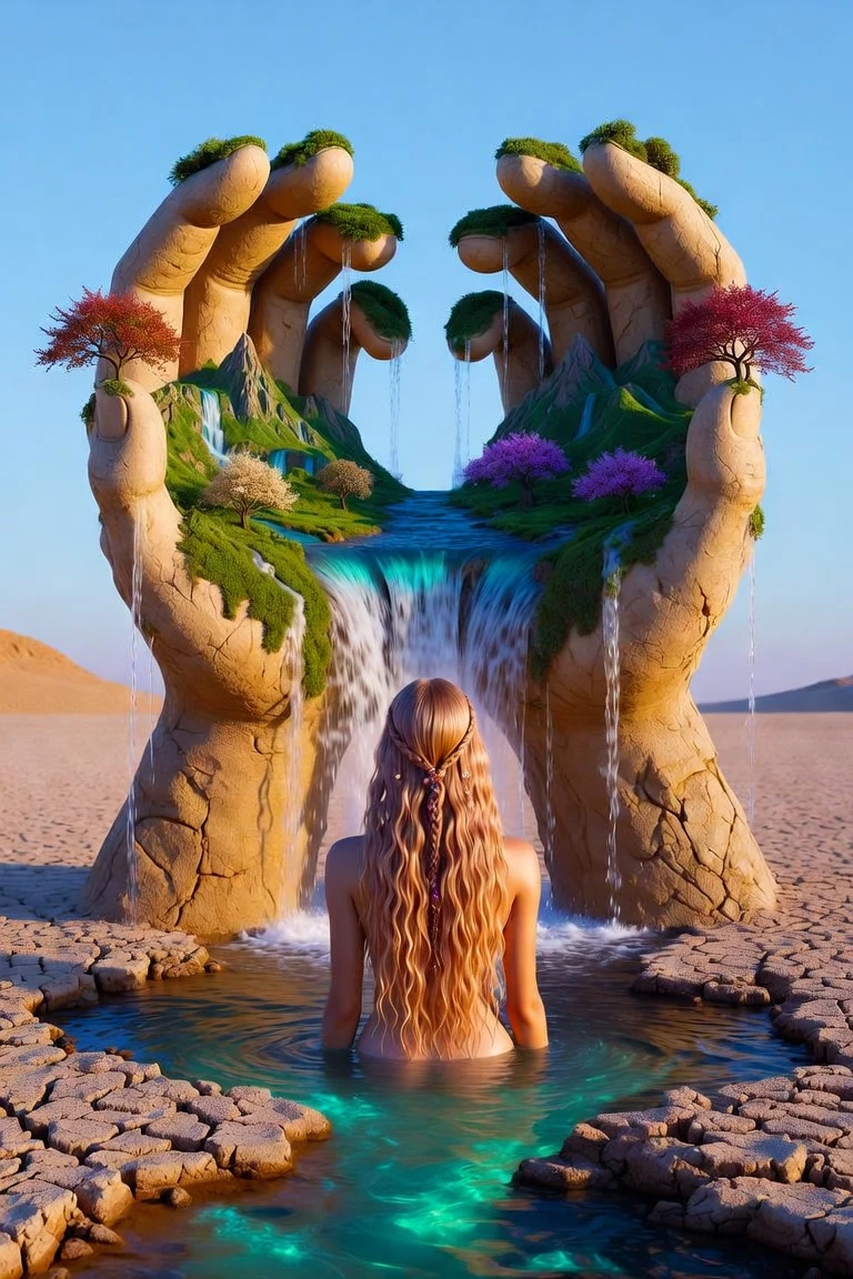 Woman beneath desert stone hands cradling lush oasis