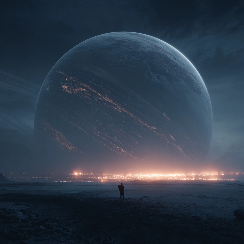 Lone figure beneath colossal alien planet in dark sky