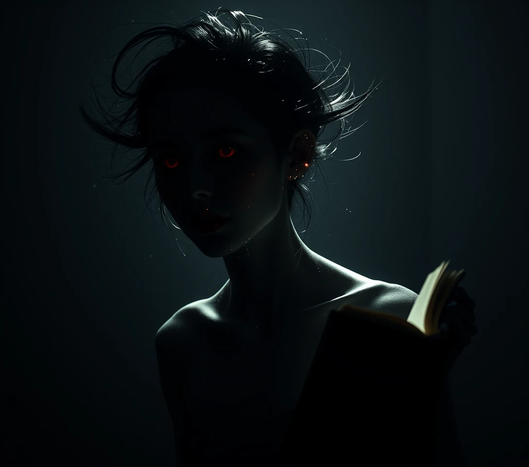 Ethereal woman floating in a fragmented dark room