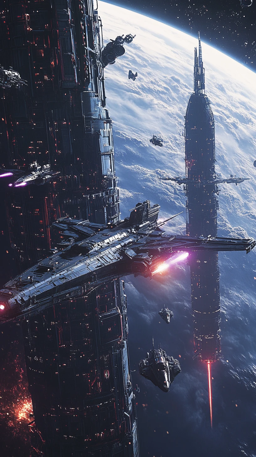 Anime space battle with massive spaceships in planetary orbit