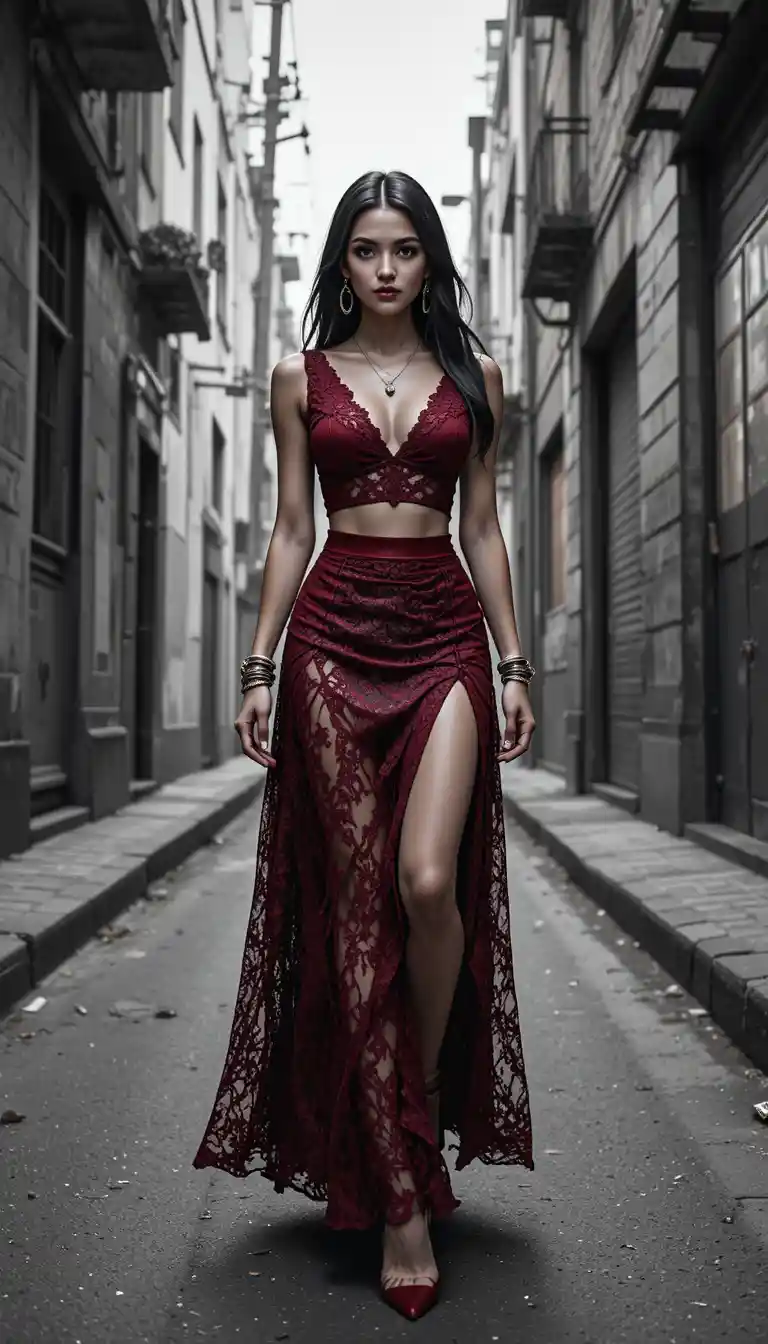 Tall woman walking in lace outfit along urban alley