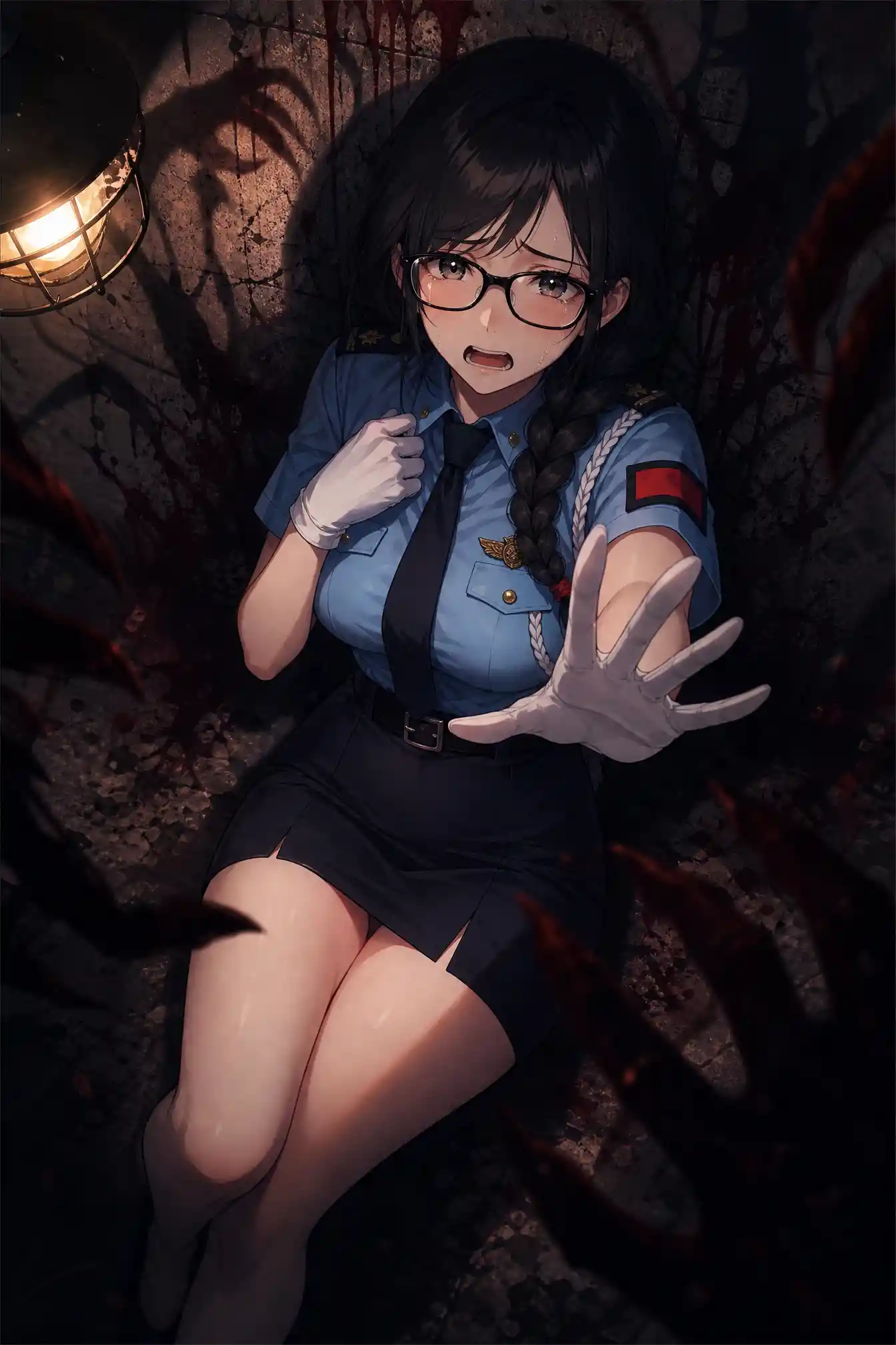 Terrified anime police girl under harsh streetlight