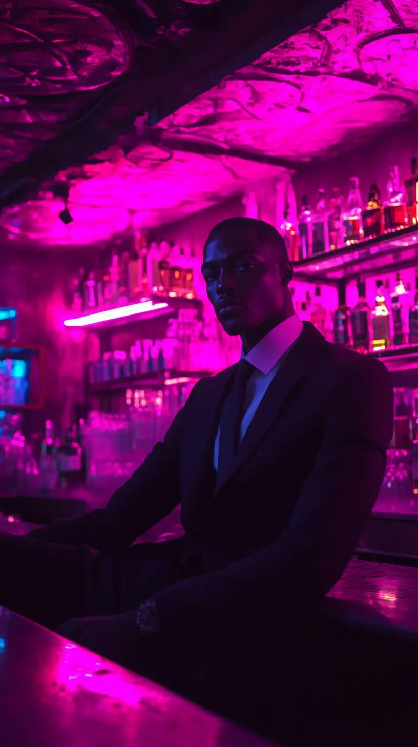 Man sitting at a Jamaican bar counter ordering jerk food