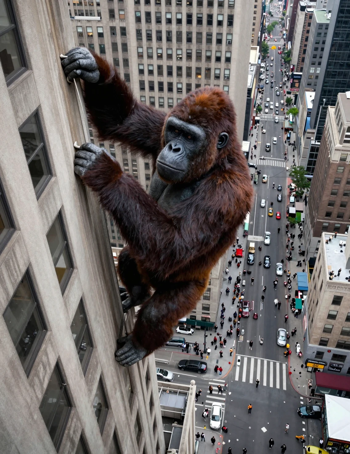 Mono gigante trepando un rascacielos de Nueva York sobre calles abarrotadas