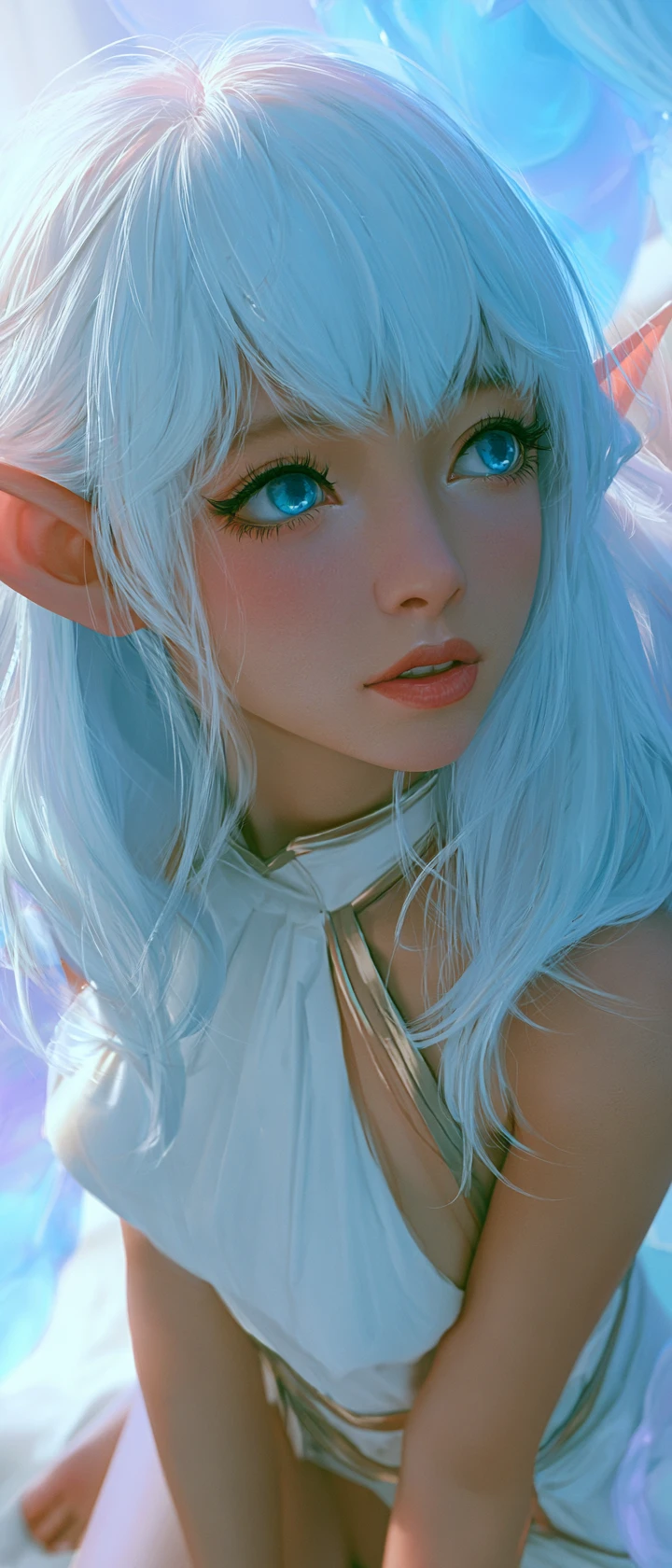 Serene elf girl with flowing blue hair in full view