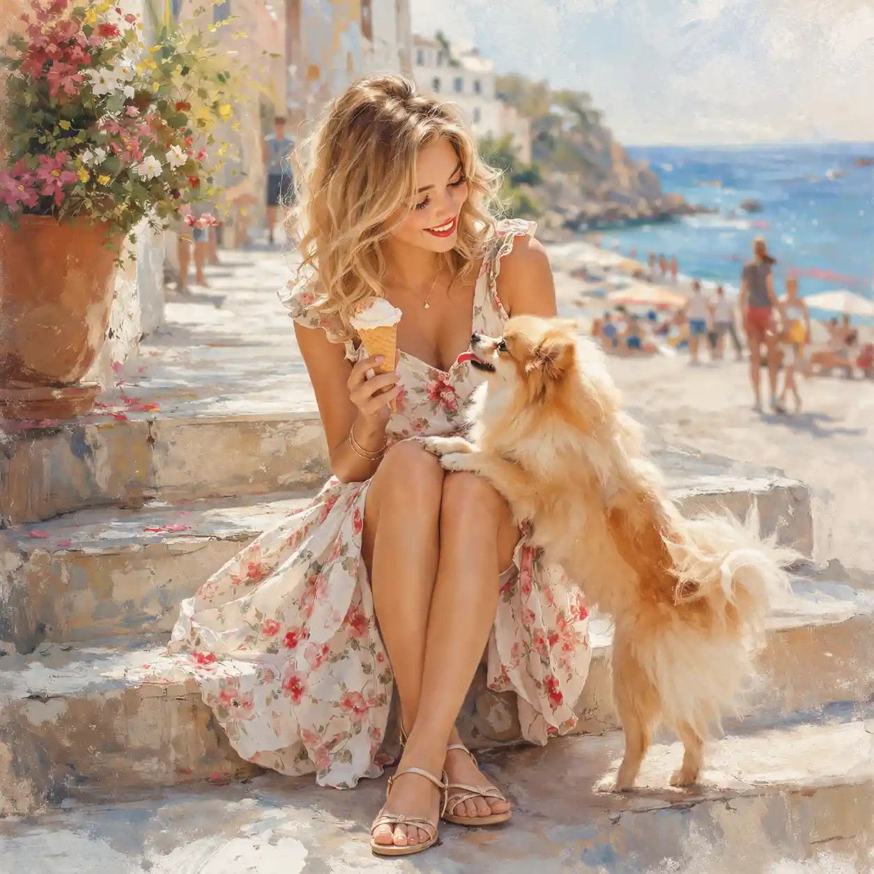 Blonde girl sharing ice cream moment with pomeranian dog