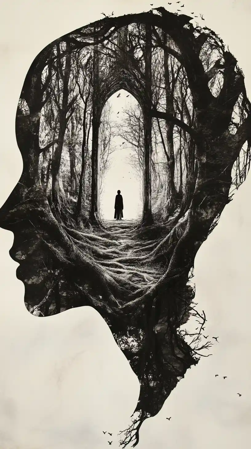 Surreal human profile of bark opening into tree cathedral