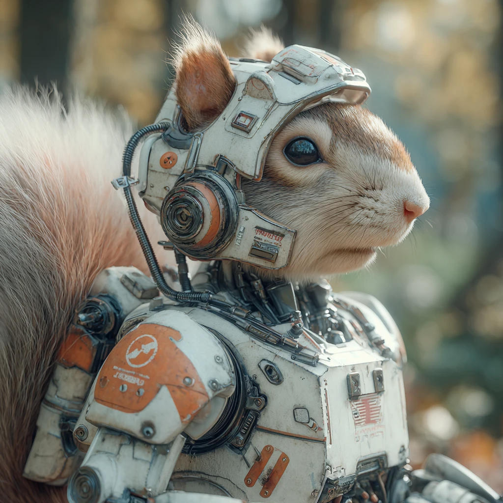 Squirrel In Futuristic Mech Suit With Soft Pastel Colors